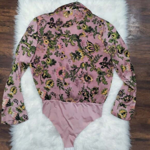 ZARA Pink Floral Print Button Front Satin Bloggers Long Sleeve Bodysuit Medium - Picture 5 of 15
